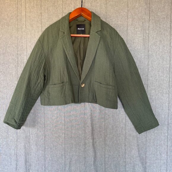 Madewell The Drop-Shoulder Linen Blend Foraged Green Boxy Crop Blazer Size XL - Picture 3 of 17